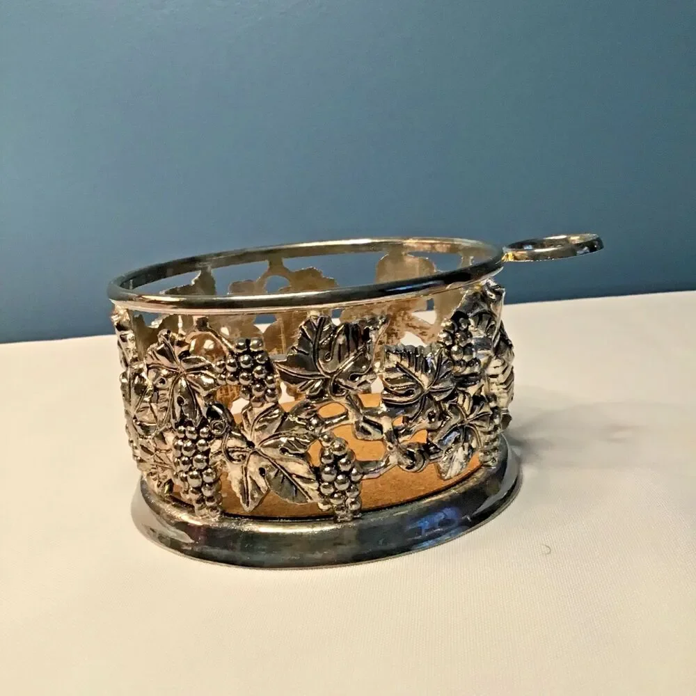 Godinger Silverplate Grape Vine Design Wine Bottle Coaster Holder With Cork Stop